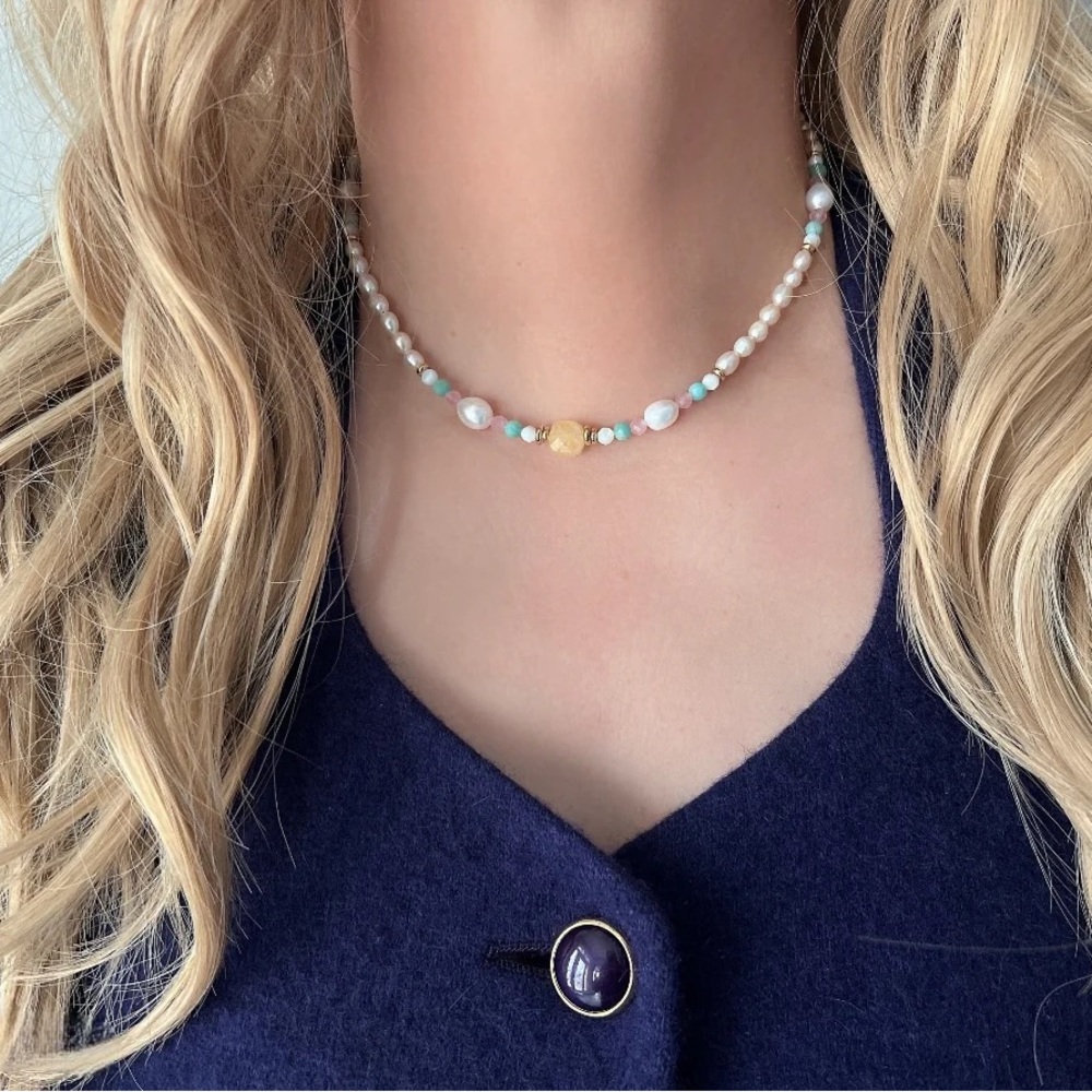 Freshwater Pearl Gemstone Necklace*Aquamarine*Citrine*White Jade*Rose Quartz - Picture 2 of 5